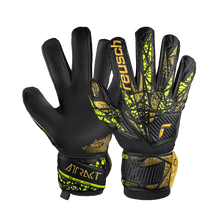 Load image into Gallery viewer, Reusch Attrakt Infinity Finger Support Adult Soccer Goalkeeper Gloves 5470710 Black/Gold/Yellow