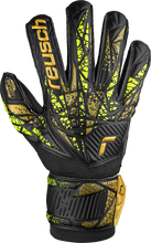 Load image into Gallery viewer, Reusch Attrakt Infinity Finger Support Adult Soccer Goalkeeper Gloves 5470710 Black/Gold/Yellow