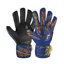 Load image into Gallery viewer, Reusch Attrakt Infinity Finger Support Junior Soccer Goalkeeper Gloves 5472710 Premium Blue/Gold/Black
