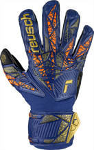 Load image into Gallery viewer, Reusch Attrakt Infinity Finger Support Junior Soccer Goalkeeper Gloves 5472710 Premium Blue/Gold/Black