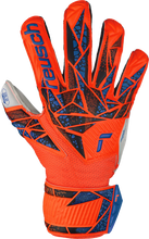 Load image into Gallery viewer, Reusch Attrakt Solid Finger Support Junior Soccer Goalkeeper Gloves 5472510 Hyper Orange/Electric Blue