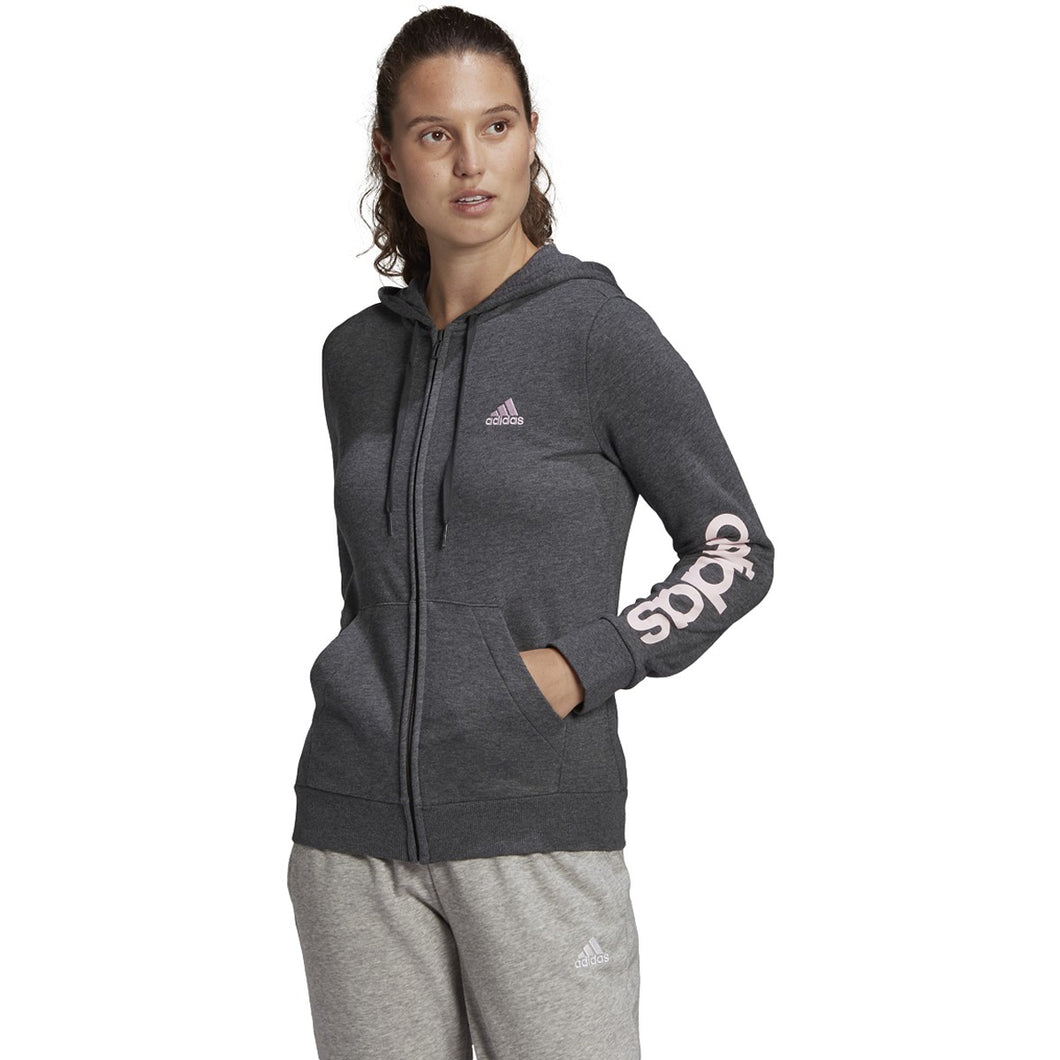 adidas Women's Linear Full Zip Hoodie GL0793 Dark Grey Heather/Clear Pink