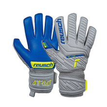 Load image into Gallery viewer, Reusch Attrakt Silver Junior GoalKeeper Gloves 5272215 Gray/Safety Yellow/Blue